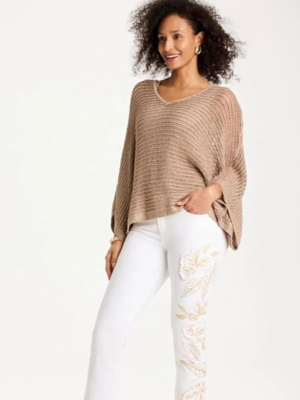 Chico's White Slim Leg Ankle Cropped Jeans Gold Tropical/Leaf Beaded Size 14P